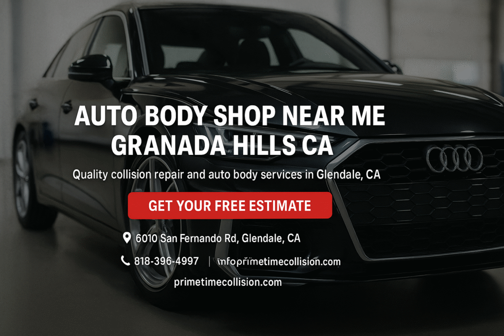 Auto body shop advertisement featuring a black Audi, highlighting services in Granada Hills, CA, with text promoting quality collision repair and a free estimate.