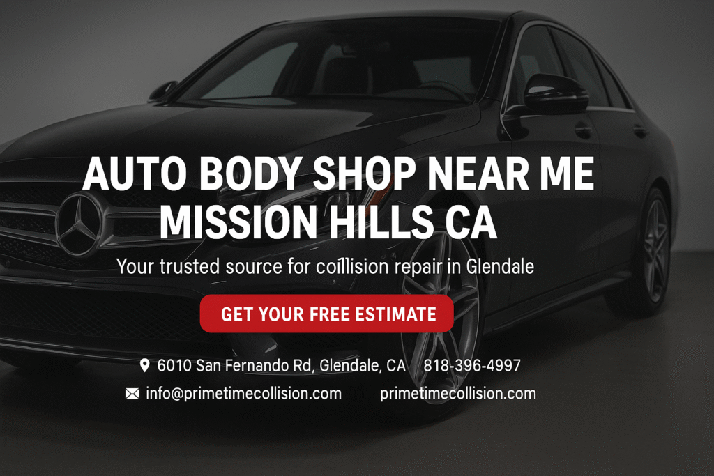 Auto body shop advertisement featuring a black luxury car, with text highlighting collision repair services in Mission Hills, CA, and a call to action for a free estimate.