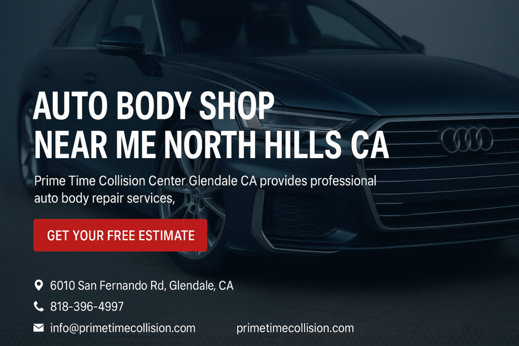 Auto body shop advertisement featuring an Audi vehicle, highlighting services near North Hills, California, with contact information for Prime Time Collision Center.