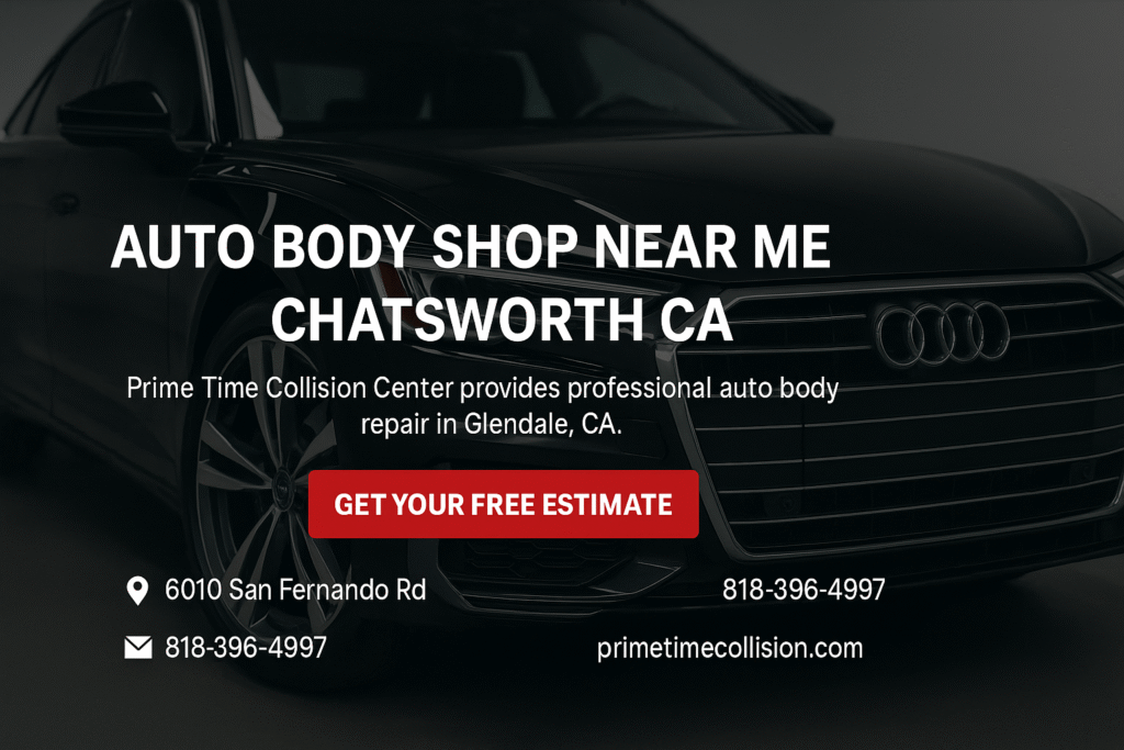 Auto body shop advertisement featuring a black Audi, highlighting services from Prime Time Collision Center in Glendale, CA, with contact information and a call to action for a free estimate.