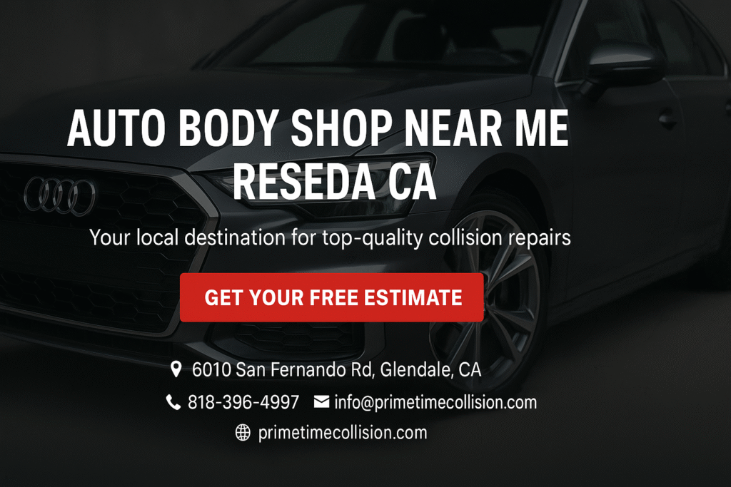Auto body shop advertisement featuring an Audi, promoting collision repair services in Reseda, CA, with contact details and a call to action for free estimates.