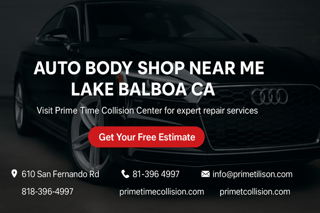 Auto body shop advertisement featuring an Audi vehicle, showcasing services for Lake Balboa, CA, with contact information and a call to action for a free estimate at Prime Time Collision Center.