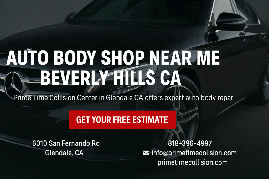 Auto body shop advertisement featuring a luxury car, highlighting Prime Time Collision Center in Glendale, CA, with text promoting expert auto body repair services and a call to action for a free estimate.