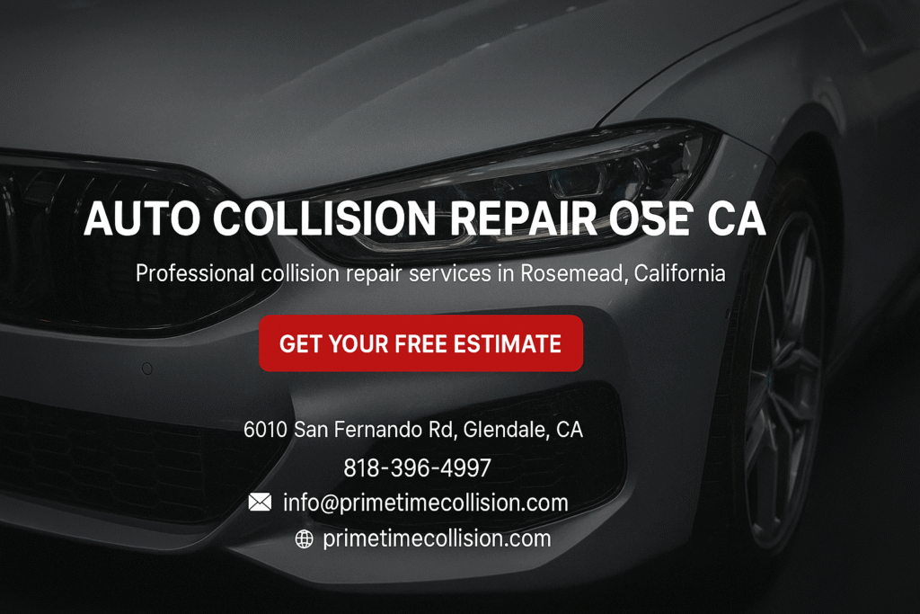 Auto collision repair advertisement featuring a sleek vehicle front, highlighting professional services in Rosemead, California, with contact information and a call to action for a free estimate.