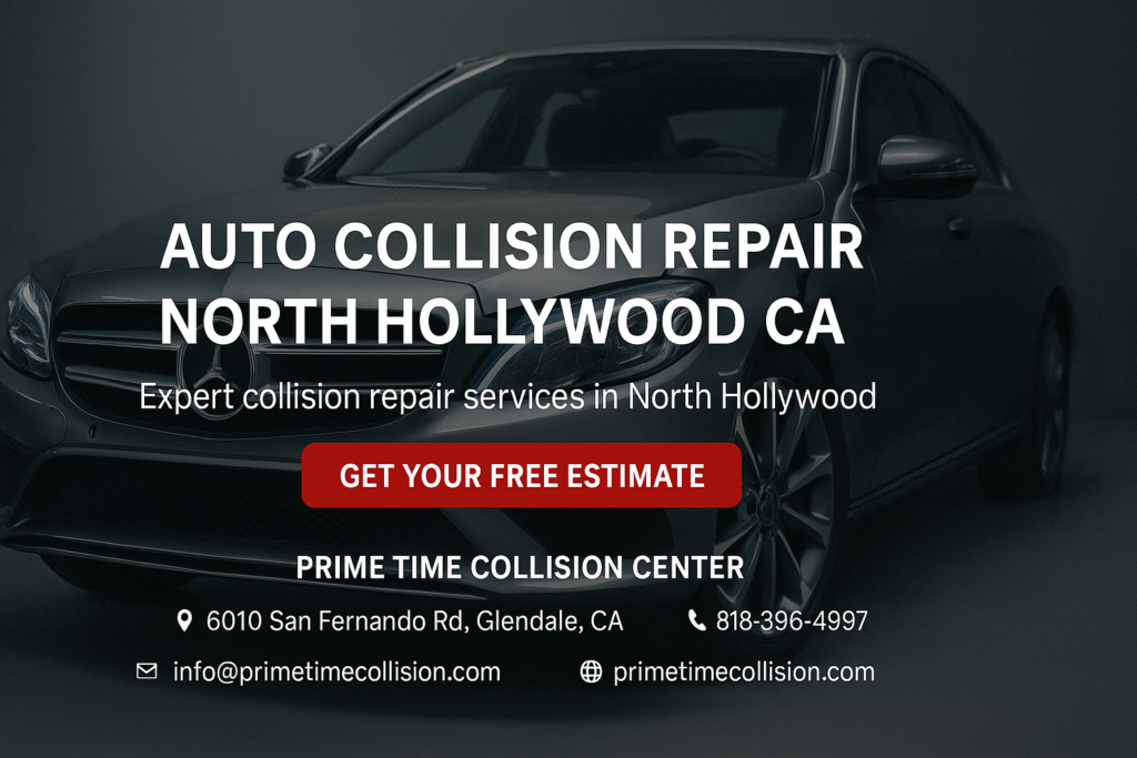 Auto collision repair advertisement featuring a sleek black vehicle, with text highlighting expert services in North Hollywood, California, and contact information for Prime Time Collision Center.