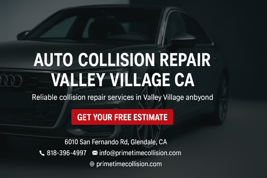 Auto collision repair advertisement featuring a sleek black car, with text highlighting "Auto Collision Repair Valley Village CA" and "Get Your Free Estimate," emphasizing reliable services in Valley Village, California.