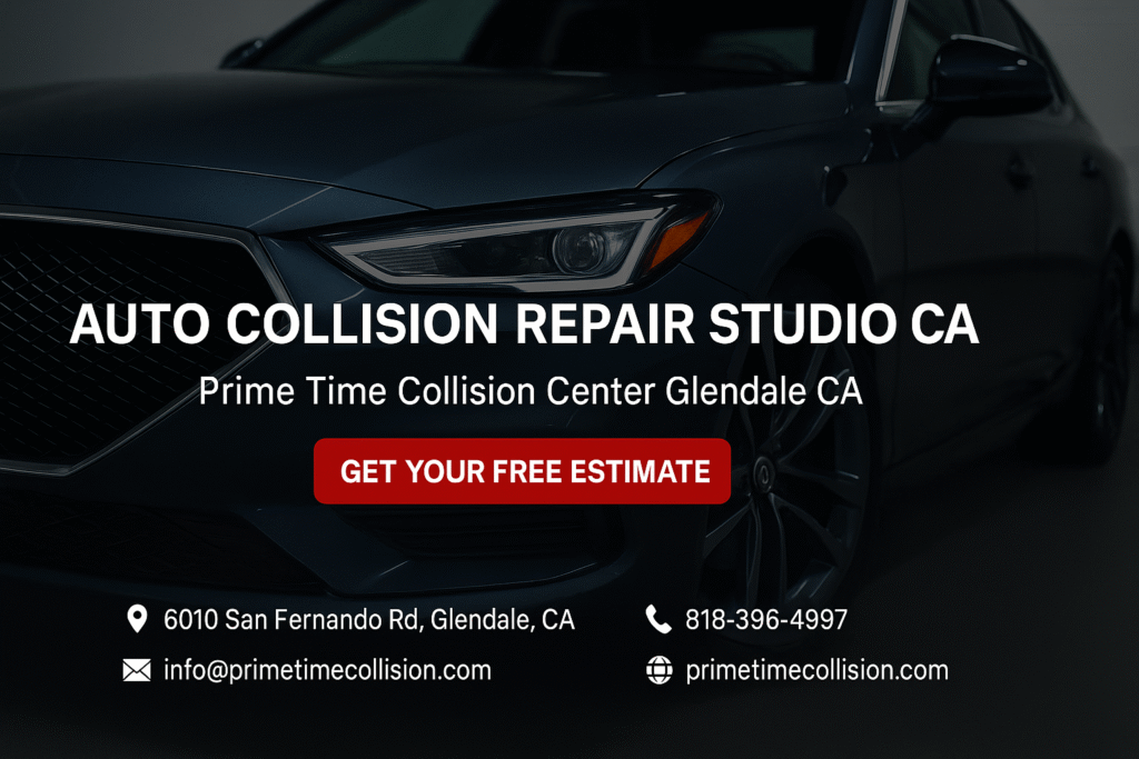 Auto collision repair advertisement featuring a sleek vehicle, Prime Time Collision Center branding, and contact information for services in Studio City, CA.
