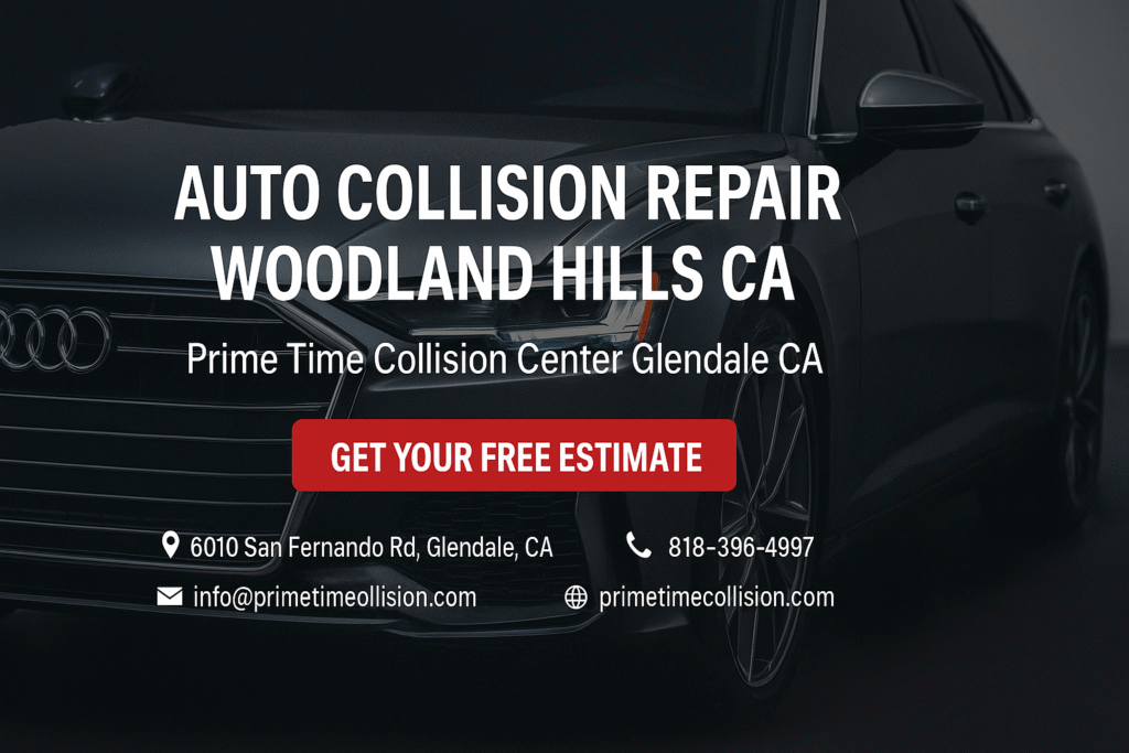 Auto collision repair advertisement featuring an Audi vehicle, highlighting services in Woodland Hills, California, with contact information for Prime Time Collision Center.