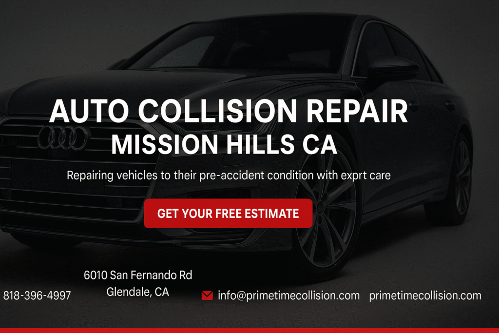 Auto collision repair service advertisement featuring a sleek black car, highlighting "Auto Collision Repair Mission Hills CA" and "Get Your Free Estimate," emphasizing expert vehicle restoration in Glendale, California.