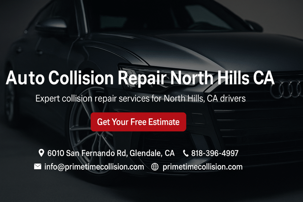 Auto collision repair advertisement featuring an Audi vehicle, highlighting expert repair services for North Hills, CA drivers, with contact information and a call to action for a free estimate.