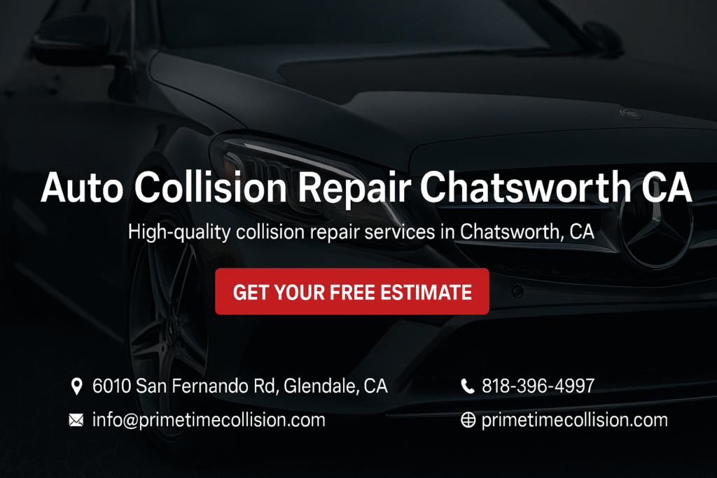 Auto collision repair advertisement featuring a sleek black car, text highlighting "Auto Collision Repair Chatsworth CA," and a call-to-action button for a free estimate, emphasizing high-quality services in Chatsworth, California.