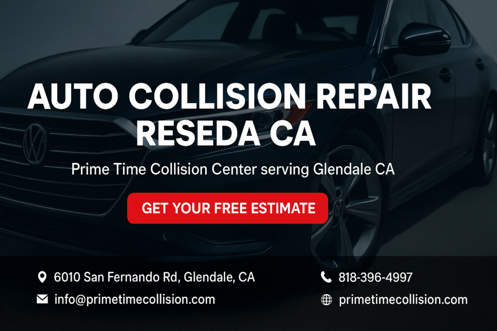 Auto collision repair advertisement featuring a black Volkswagen vehicle, with text highlighting services in Reseda, California, and contact information for Prime Time Collision Center.