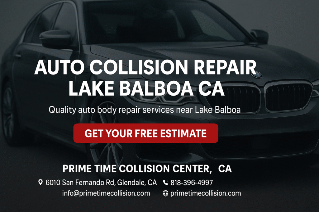 Auto collision repair advertisement featuring a sleek car, text highlighting "Auto Collision Repair Lake Balboa CA," and a call to action for a free estimate from Prime Time Collision Center in Glendale, California.