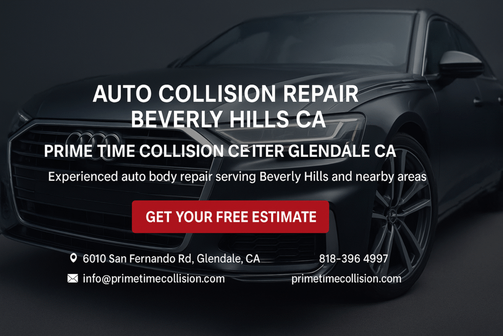 Auto collision repair advertisement featuring a sleek black car, highlighting services in Beverly Hills and Glendale, with contact information and a call to action for free estimates.