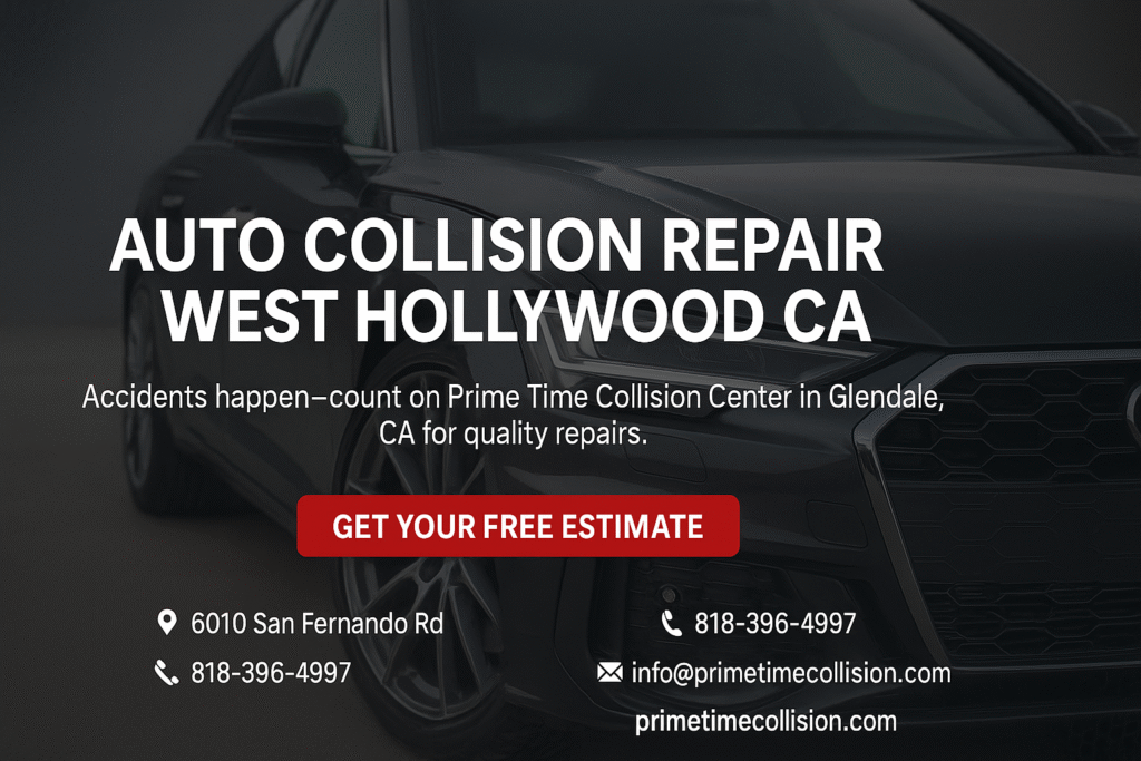 Auto collision repair advertisement for Prime Time Collision Center featuring a sleek vehicle, contact information, and a call-to-action for a free estimate, emphasizing services in West Hollywood, CA.