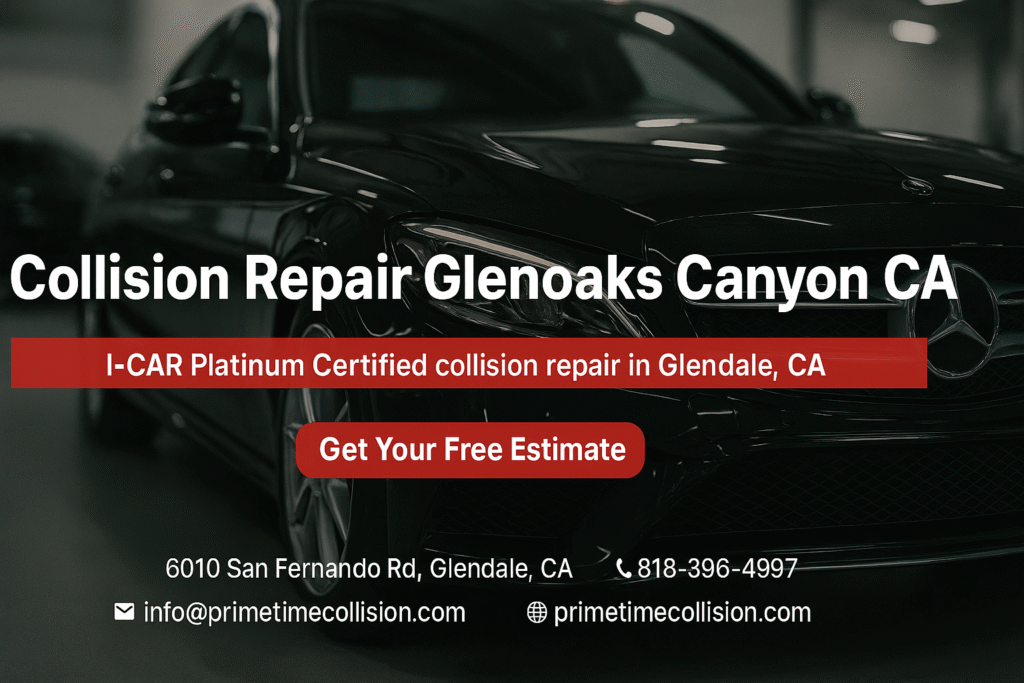 Collision Repair Glenoaks Canyon CA graphic featuring a black car, I-CAR Platinum Certified text, and contact details for Prime Time Collision Center in Glendale, CA.