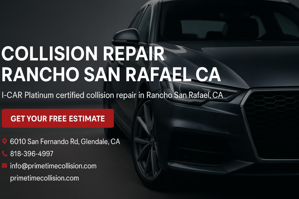 Collision repair advertisement for Rancho San Rafael, CA featuring a sleek vehicle, contact information, and a call-to-action for a free estimate.