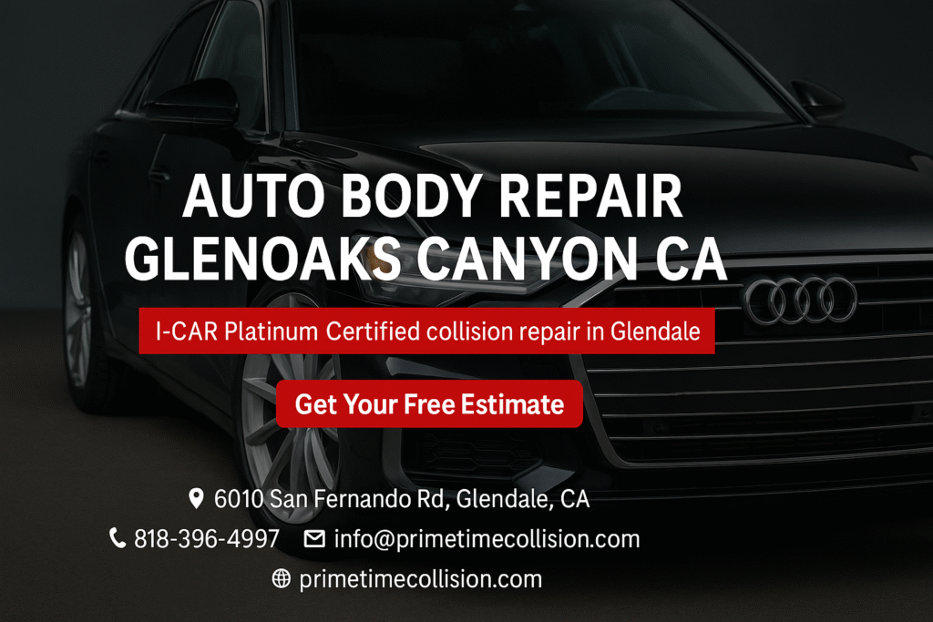 Auto body repair advertisement featuring a black car, highlighting services in Glenoaks Canyon, CA, with I-CAR Platinum certification and contact information for Prime Time Collision Center.