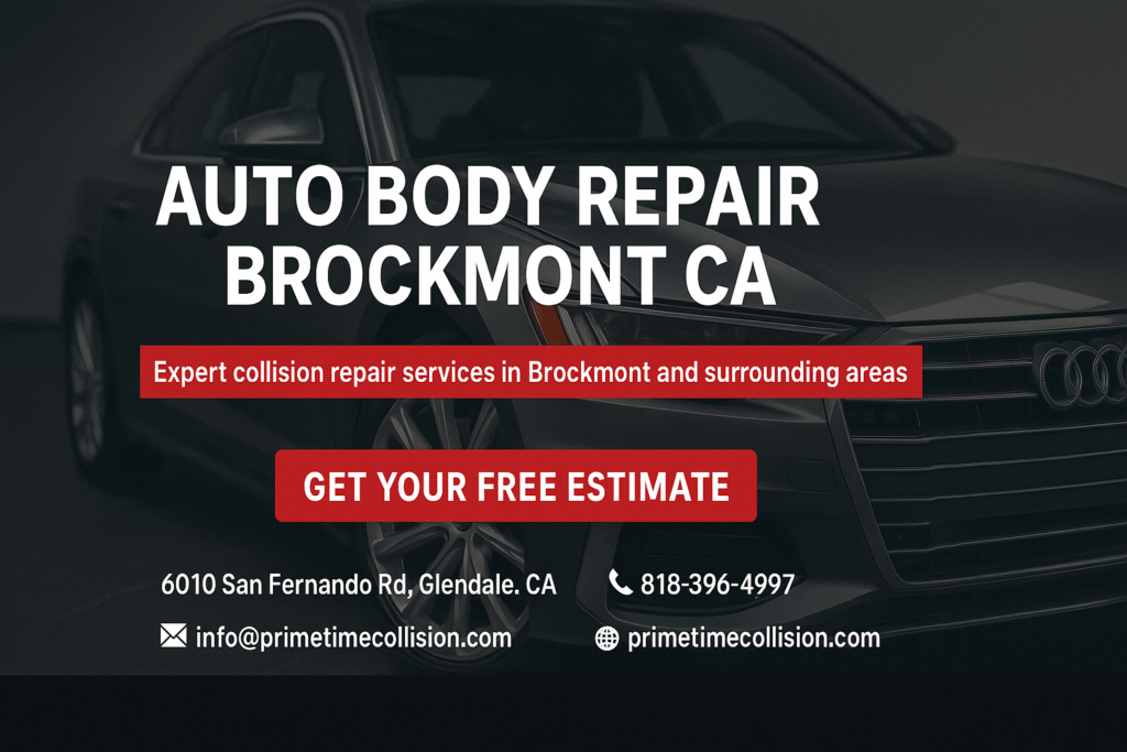 Auto body repair advertisement featuring an Audi vehicle, highlighting expert collision repair services in Brockmont, CA, with contact information and a call to action for a free estimate.