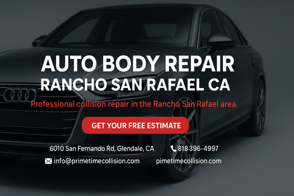 Auto body repair advertisement featuring a sleek black car, highlighting services in Rancho San Rafael CA, with contact details and a call to action for a free estimate.