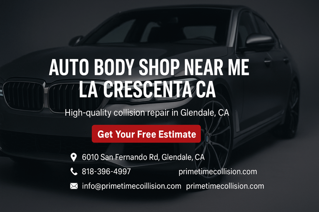 Auto body shop advertisement featuring a sleek vehicle, text highlighting "Auto Body Shop Near Me La Crescenta CA," and contact information for Prime Time Collision Center in Glendale, California.