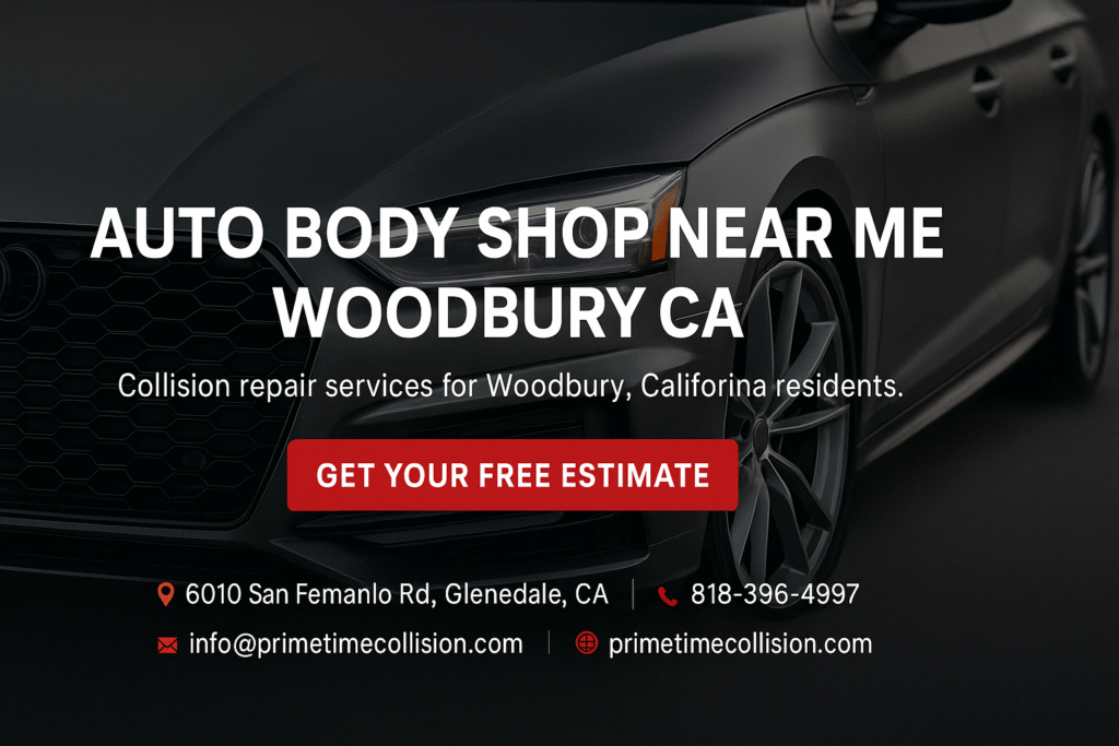 Auto body shop advertisement featuring a sleek vehicle, promoting collision repair services for Woodbury, California residents, with contact information and a call-to-action for free estimates.
