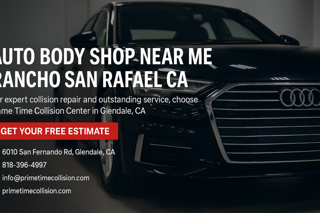 Auto body shop advertisement featuring a sleek black Audi vehicle, highlighting collision repair services and free estimate offer at Prime Time Collision Center in Glendale, CA.