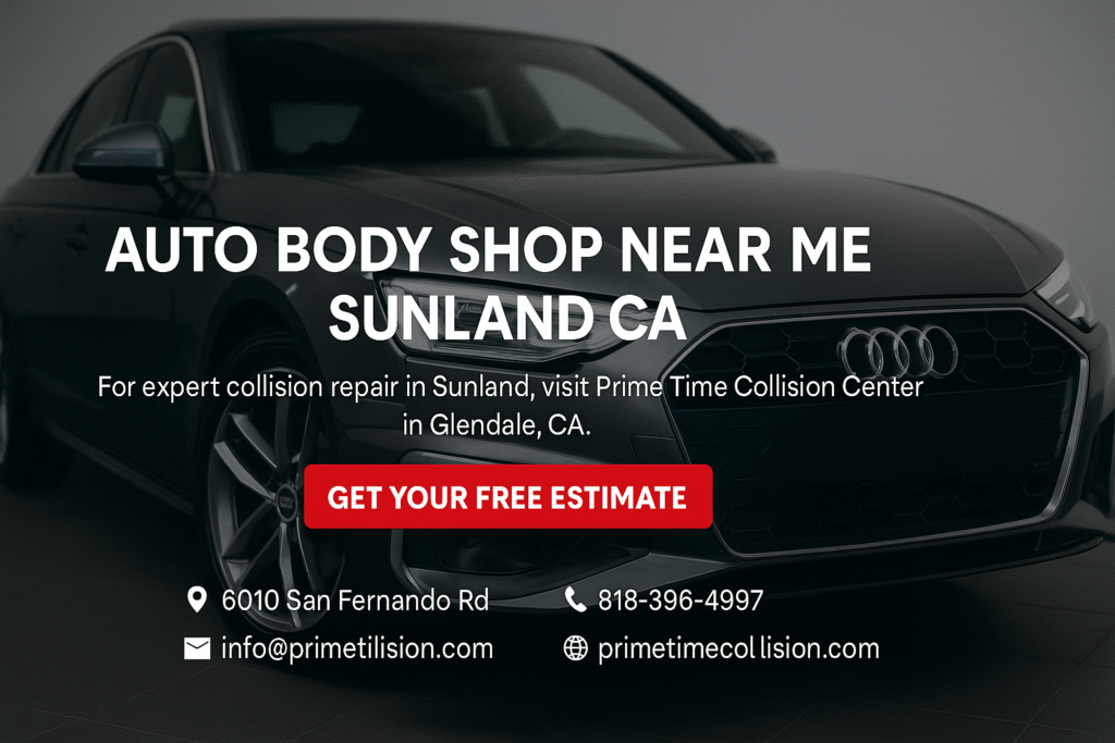 Auto body shop advertisement featuring a sleek black Audi, with text promoting collision repair services in Sunland, CA, and contact information for Prime Time Collision Center in Glendale, CA.