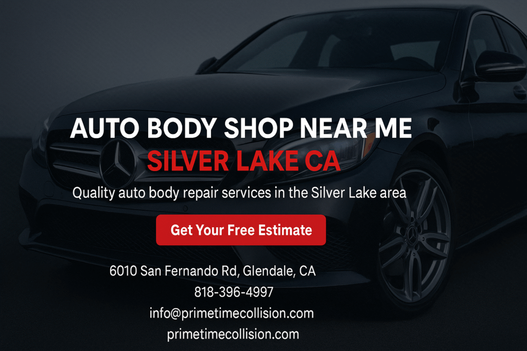Auto body shop advertisement featuring a Mercedes-Benz, promoting quality repair services in Silver Lake, CA, with contact information and a call to action for a free estimate.