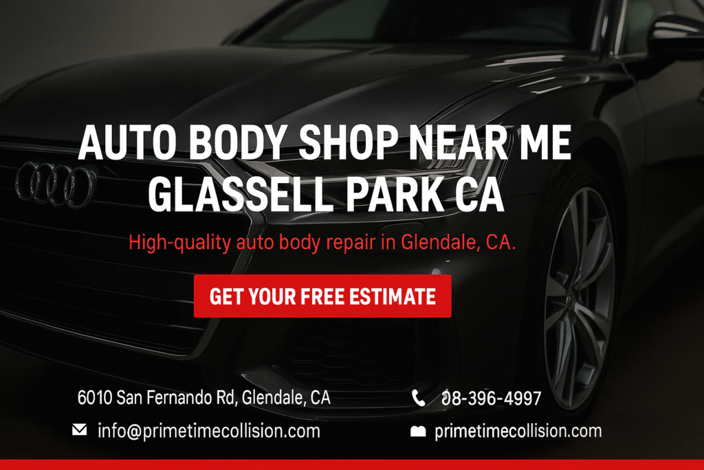 Auto body shop advertisement featuring a black Audi vehicle, promoting high-quality auto body repair services near Glassell Park, CA, with contact information and a call to action for a free estimate.