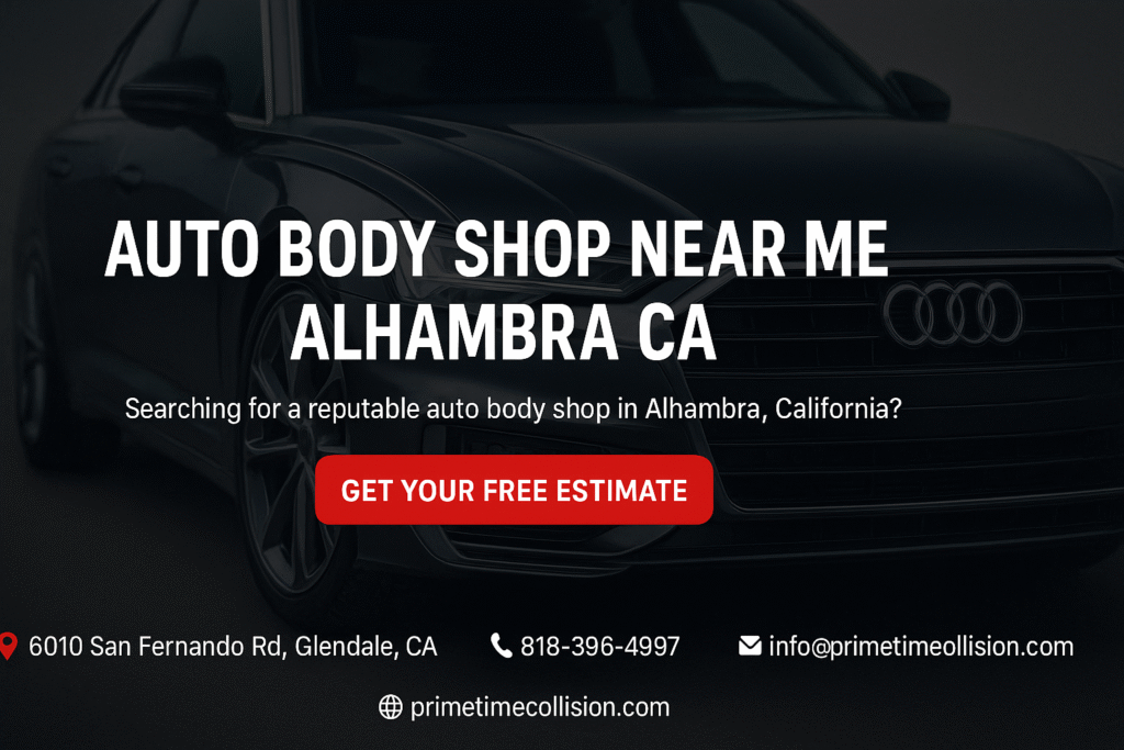 Auto body shop advertisement featuring an Audi vehicle, emphasizing services in Alhambra, California, with a call to action for a free estimate.