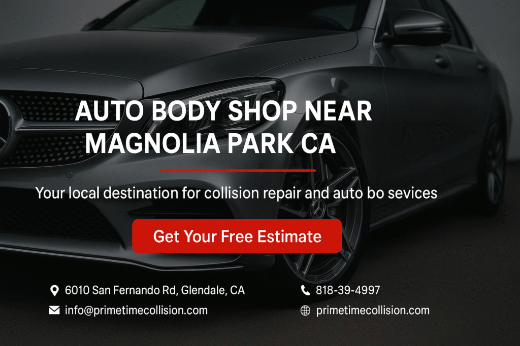 Auto body shop advertisement featuring a sleek vehicle, highlighting services near Magnolia Park, CA, with contact information and a call to action for free estimates.