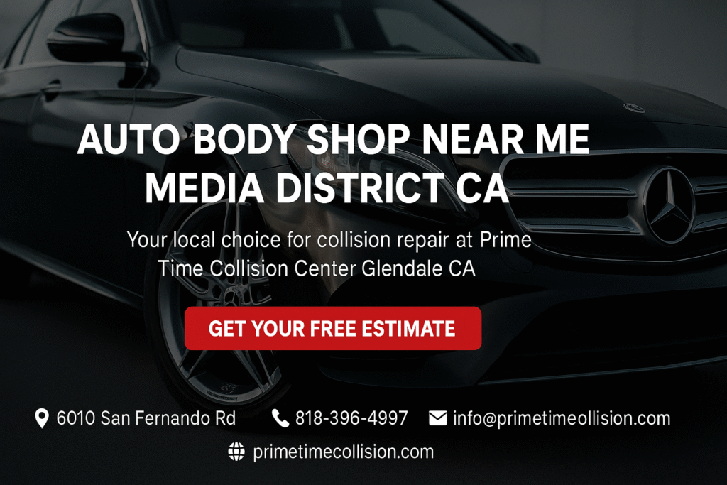 Auto body shop advertisement featuring a sleek black car with text promoting collision repair services at Prime Time Collision Center in Media District, CA, including contact details and a call to action for free estimates.