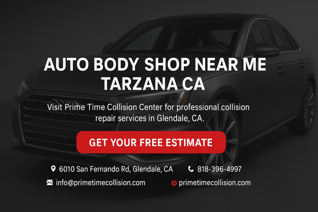 Auto body shop advertisement featuring a sleek black car, text promoting Prime Time Collision Center for collision repair services in Tarzana, CA, and a call-to-action for a free estimate.