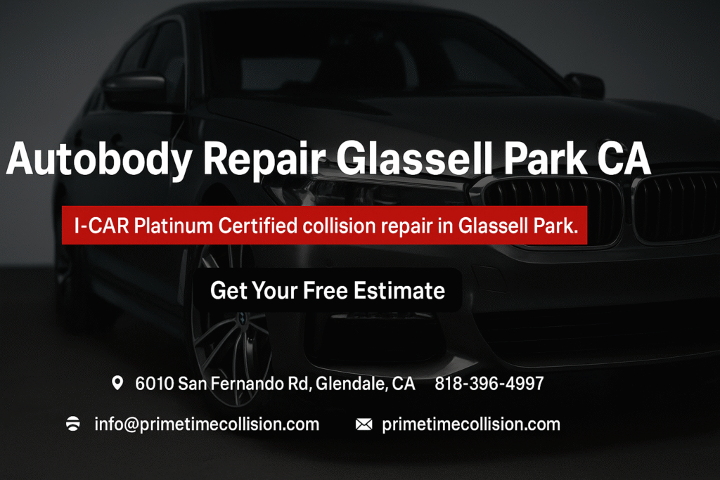 Autobody repair service advertisement featuring a black vehicle, text highlighting I-CAR Platinum Certified collision repair in Glassell Park, and contact information for Prime Time Collision Center.