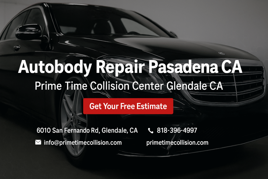 Autobody repair advertisement featuring a sleek black car, with text promoting Prime Time Collision Center in Glendale, CA, and offering a free estimate for services.