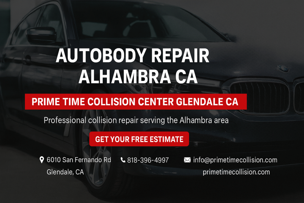 Autobody repair advertisement for Prime Time Collision Center in Alhambra, CA, featuring a sleek black vehicle, contact information, and a call to action for free estimates.