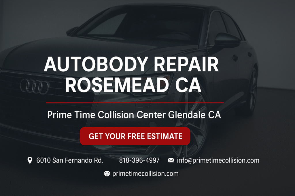 Autobody repair advertisement featuring a sleek black Audi, highlighting services in Rosemead, CA, with contact information for Prime Time Collision Center in Glendale, CA.