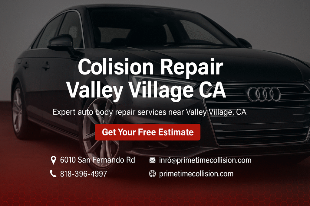 Collision repair advertisement featuring a black car with text promoting expert auto body repair services in Valley Village, CA, including contact information and a call to action for a free estimate.