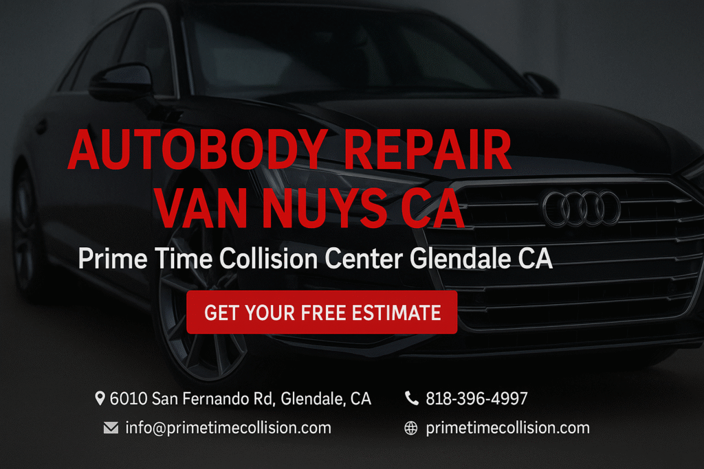 Autobody repair services in Van Nuys CA with Prime Time Collision Center, featuring a sleek black vehicle and contact details for free estimates.