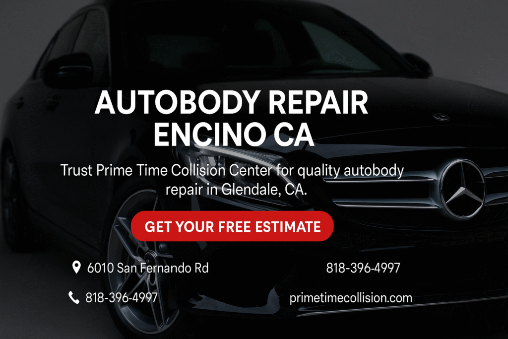Autobody repair advertisement featuring a black vehicle, highlighting Prime Time Collision Center in Encino, CA, with contact information and a call to action for a free estimate.