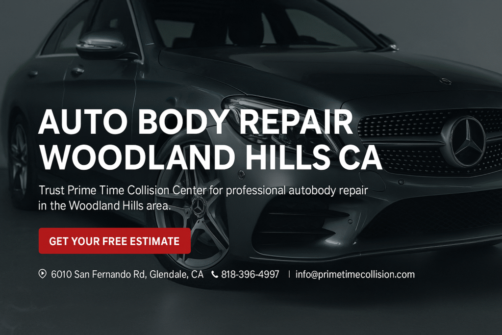 Auto body repair advertisement featuring a sleek black vehicle with text promoting Prime Time Collision Center's services in Woodland Hills, California.