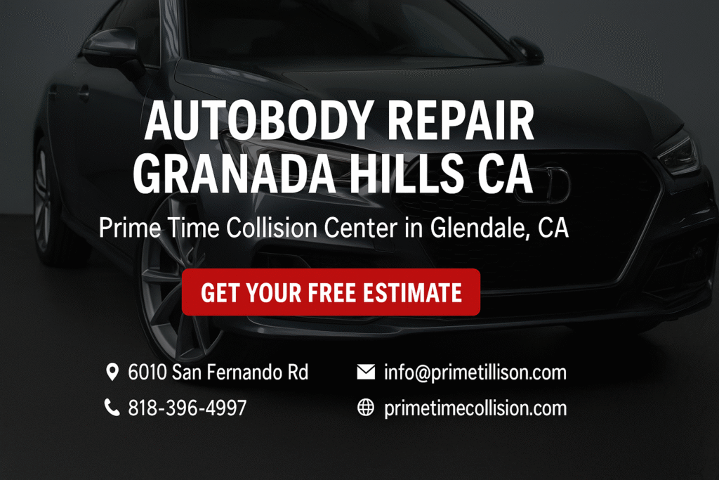 Autobody repair advertisement featuring a sleek black vehicle, text promoting Prime Time Collision Center in Glendale, CA, and contact information for services in Granada Hills.