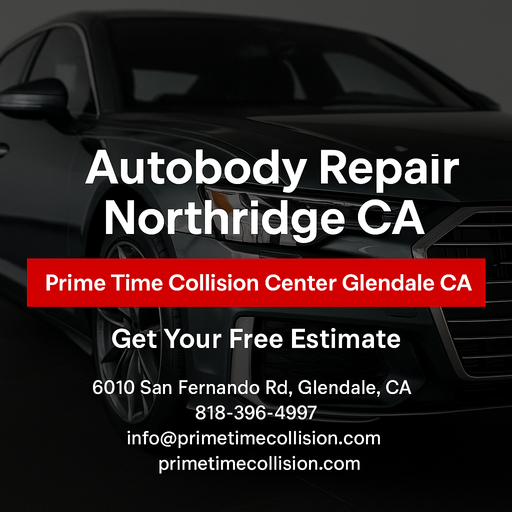 Autobody repair advertisement featuring a sleek vehicle, highlighting Prime Time Collision Center in Glendale, CA, with contact information and a call to action for a free estimate.