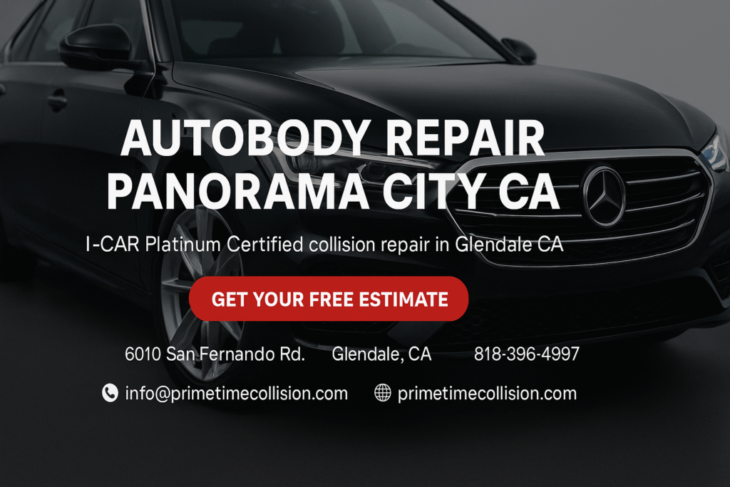 Autobody repair advertisement featuring a black luxury vehicle, text highlighting "Autobody Repair Panorama City CA," I-CAR Platinum Certification, and a call to action for a free estimate.