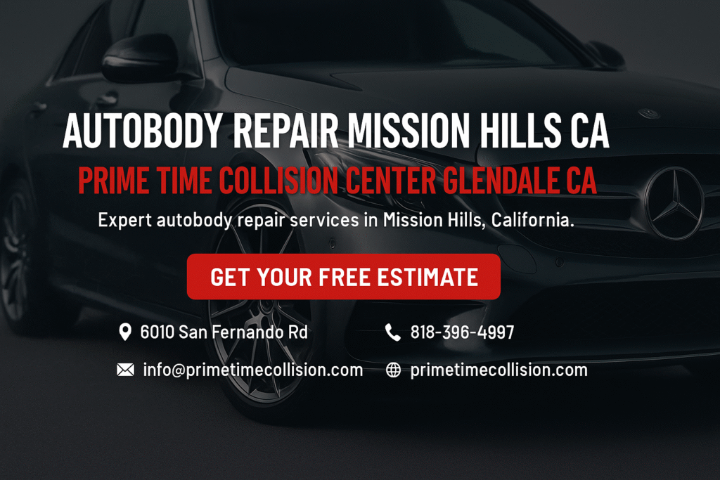 Autobody repair advertisement for Prime Time Collision Center in Mission Hills, California, featuring a sleek car, contact information, and a call-to-action for a free estimate.