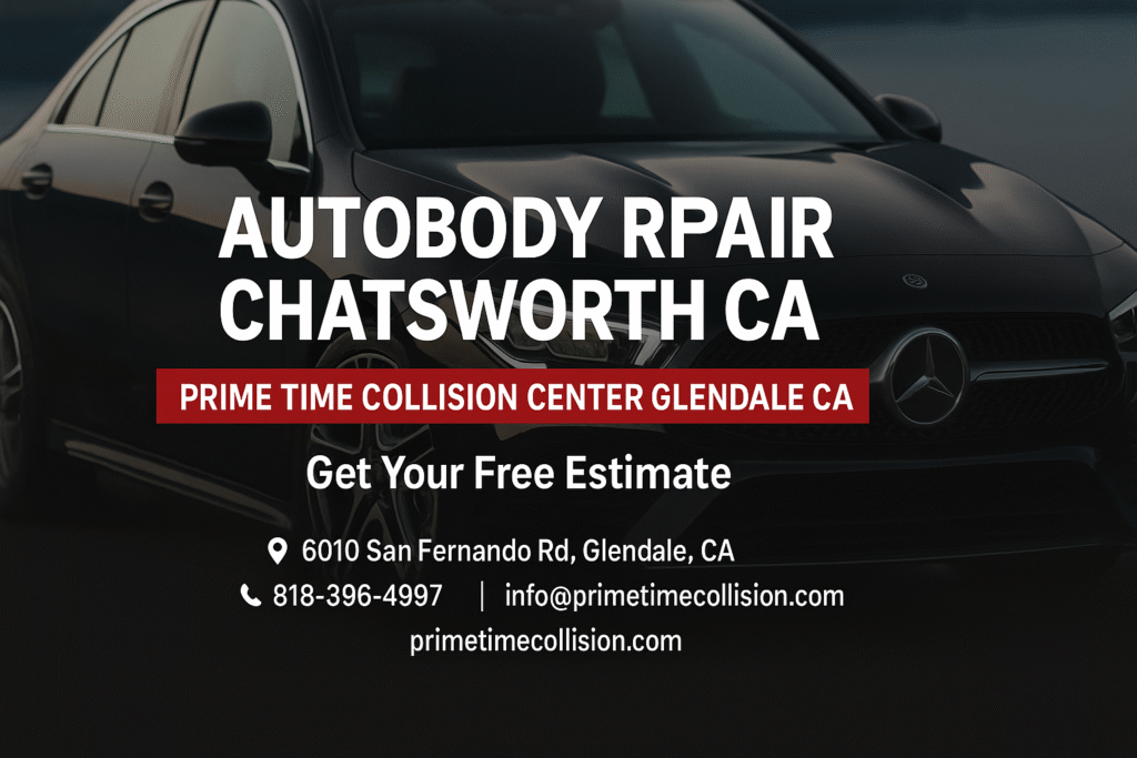 Autobody repair advertisement featuring a sleek black car, "Autobody Repair Chatsworth CA" headline, Prime Time Collision Center branding, and contact details for services in Glendale, California.