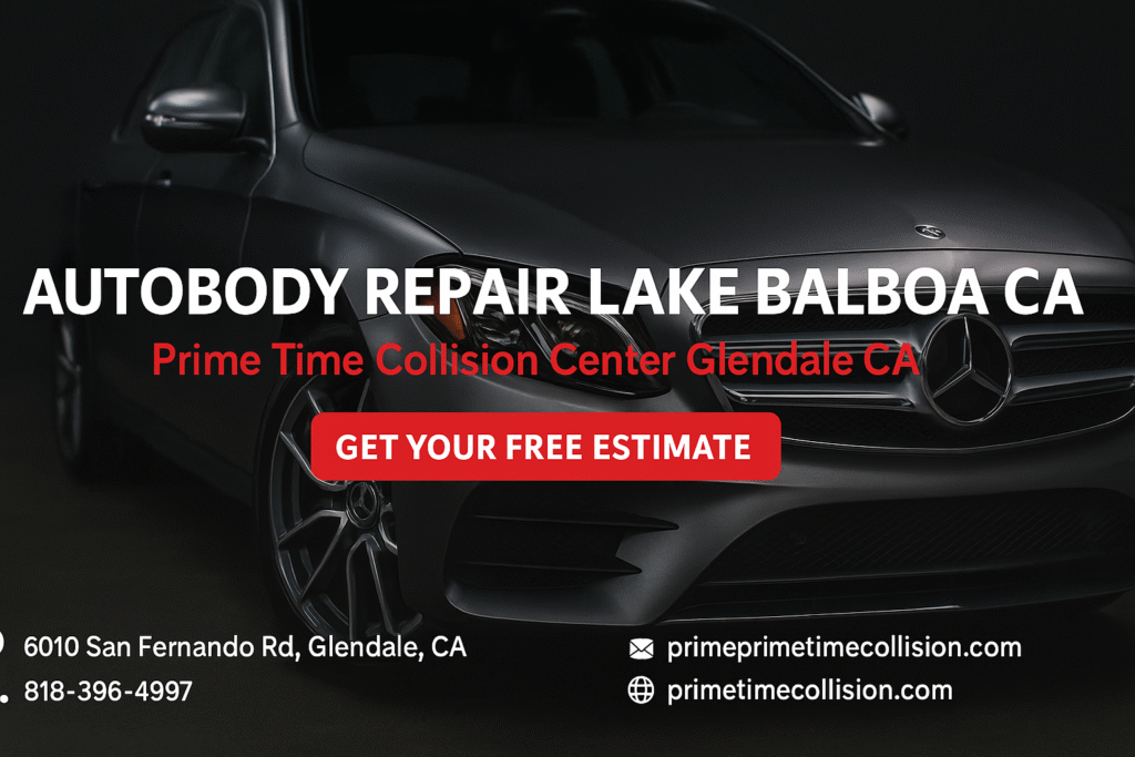 Autobody repair advertisement featuring a sleek black car, text overlay stating "Autobody Repair Lake Balboa CA" and "Get Your Free Estimate," promoting Prime Time Collision Center in Glendale, CA.