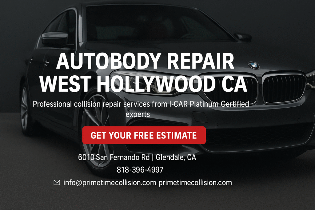 Autobody repair advertisement featuring a black BMW, highlighting professional collision repair services in West Hollywood, CA, with contact information and a call to action for a free estimate.