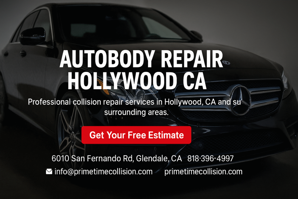 Autobody repair advertisement featuring a black luxury vehicle, highlighting professional collision repair services in Hollywood, CA, with a prominent call-to-action button for free estimates.